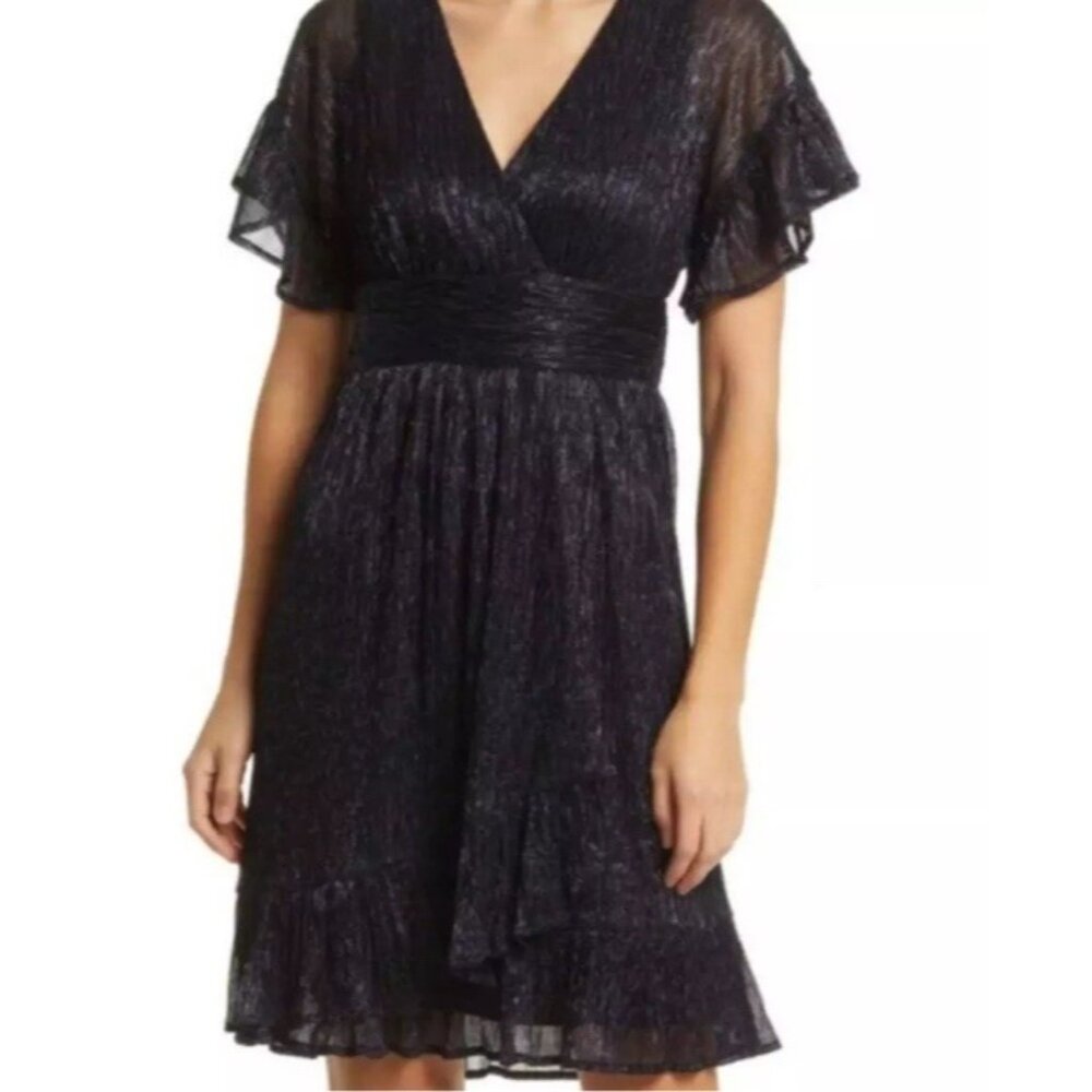 $198 NWT Lilly Pulitzer Womens Sinclare Metallic Flare Dress Blue Ruffle Size S